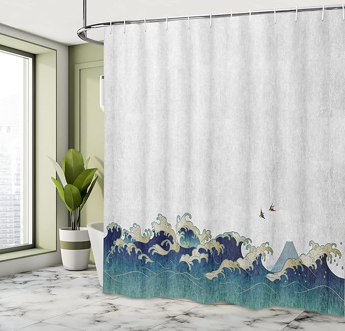 Ambesonne Japanese Wave Shower Curtain, Aquatic Swirls Birds of Ocean Ukiyo-e Style Art Greyscale Background, Cloth Fabric Bathroom Decor Set with Hooks, 69" W x 70" L, Grey Blue