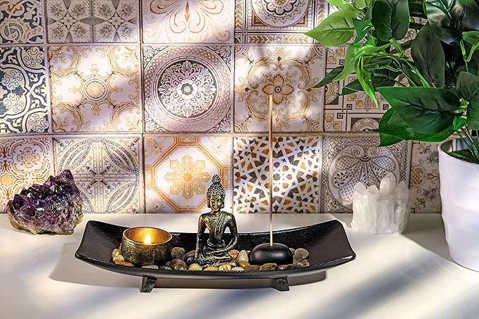 Jovivi Zen Garden Set Buddha Statue w/Tealight Candle Holder, Rocks & Incense Burner Holder & Wood Tray for Yoga Meditation Home Table Decor Gift