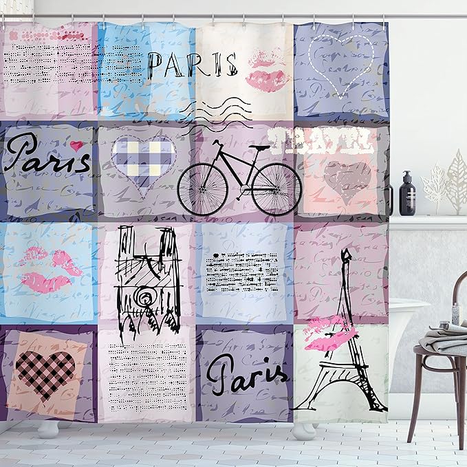 Ambesonne Paris Shower Curtain, Grunge Textured Retro Collage of France Famous Object Eiffel Tower Europe Theme, Cloth Fabric Bathroom Decor Set with Hooks, 69" W x 84" L, Multicolor Lilac
