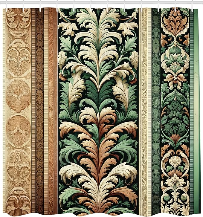 Ambesonne Green and Brown Shower Curtain, Jungle Damask Leafy Ornaments Ethnic Oriental Motifs Traditional Art, Cloth Fabric Bathroom Decor Set with Hooks, 69" W x 70" L, Emerald Caramel