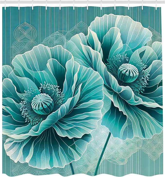 Ambesonne Turquoise Shower Curtain, Futurist Aquamarine Tone Poppy Flowers with Mandala Lines Details, Cloth Fabric Bathroom Decor Set with Hooks, 69" W x 75" L, Dark Seafoam Cadet Blue