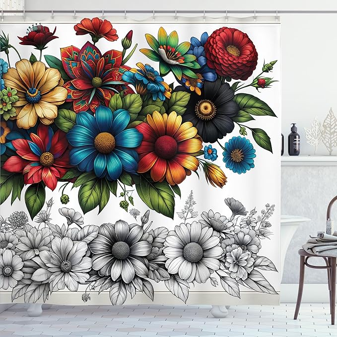Ambesonne Modern Shower Curtain, Surreal Colorful Floral Huddle with Leaves Featuring Sketchy Botany, Cloth Fabric Bathroom Decor Set with Hooks, 69" W x 70" L, Charcoal Grey Multicolor