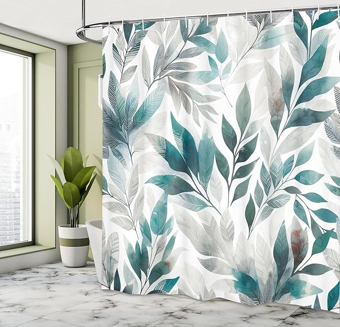 Ambesonne Teal Shower Curtain, Urban Jungle Theme Phantom of Leaves Greenery on Plain Back Dreamy Exotics, Cloth Fabric Bathroom Decor Set with Hooks, 69" W x 84" L, Purpleblue Petrol Blue