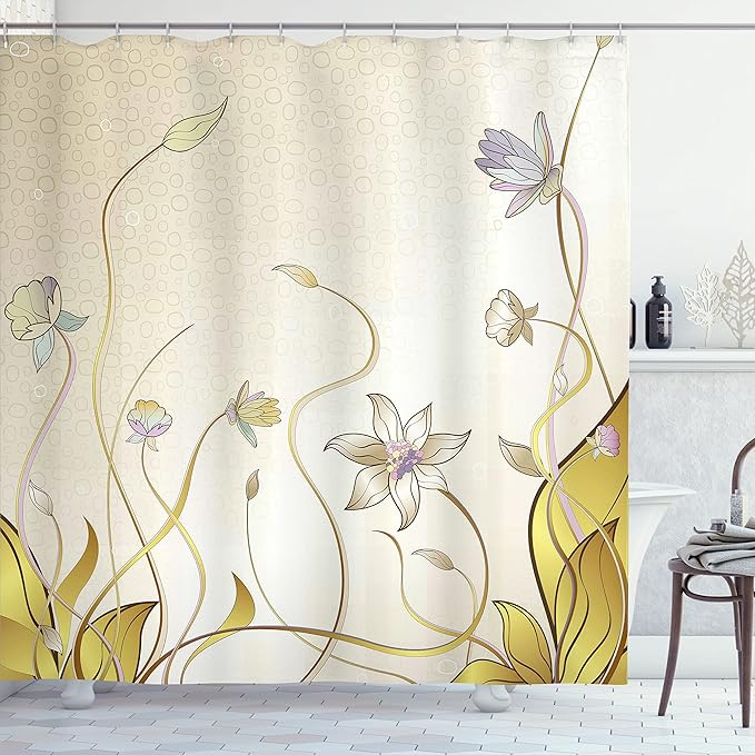 Ambesonne Abstract Shower Curtain, Flower Nature Theme Pattern Nice Lily Blossoms in Spring Pattern Print, Cloth Fabric Bathroom Decor Set with Hooks, 69" W x 70" L, Cream and Mustard