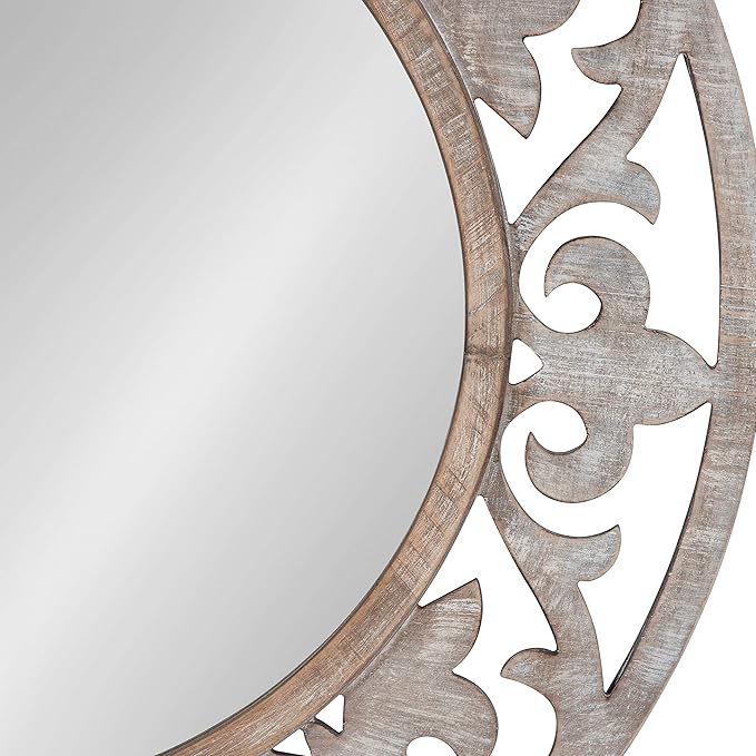 Kate and Laurel Shovali Rustic Round Mirror, 31.5 Diameter, Rustic Whitewash, Ornate Wood-Carved Frame, Decadent Wall Decor with Vintage Charm