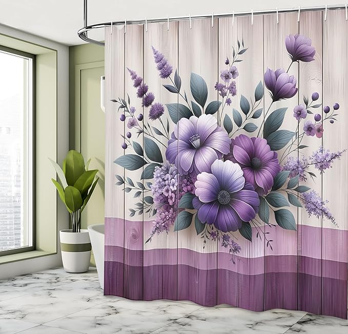 Ambesonne Purple Shower Curtain, Modern Farmhouse Themed Rustic Back with Greenery Leaves Floral Huddle, Cloth Fabric Bathroom Decor Set with Hooks, 69" W x 75" L, Lavender Indigo Eggshell