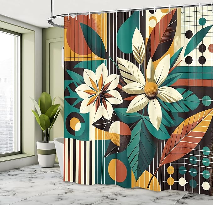 Ambesonne Mid Century Modern Shower Curtain, Retro Flowers Paint with Vertical and Horizontal Lines, Cloth Fabric Bathroom Decor Set with Hooks, 69" W x 75" L, Amber Jade Green Eggshell