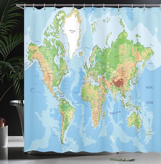 Ambesonne World Map Shower Curtain, Classic Map of The Earth Continents Countries Oceans Mountains Vacation Themed, Cloth Fabric Bathroom Decor Set with Hooks, 69" W x 70" L, Multicolor