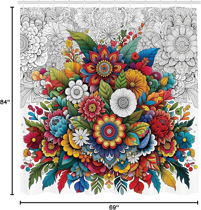 Ambesonne Modern Shower Curtain, Oriental Boho Design Psychedelic Aura Floral Jumble with Outline Details, Cloth Fabric Bathroom Decor Set with Hooks, 69" W x 84" L, White Grey Multicolor