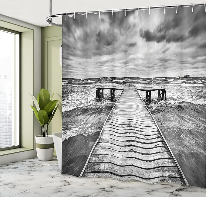 Ambesonne Landscape Shower Curtain, Old Wooden Deck in Storm Waves Sea Dramatic Sky Dark Heavy Clouds Print, Cloth Fabric Bathroom Decor Set with Hooks, 69" W x 70" L, Charcoal White