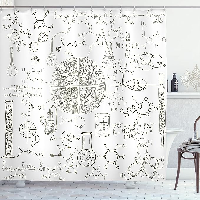 Ambesonne Science Shower Curtain, Science Theme Hand Drawn Style Chemistry Laboratory Illustration, Cloth Fabric Bathroom Decor Set with Hooks, 69" W x 70" L, White Umber