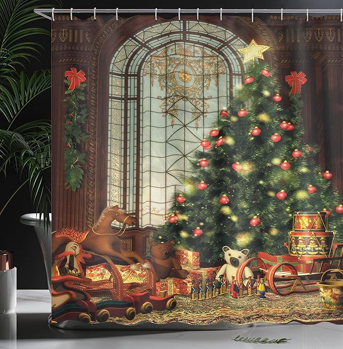 Ambesonne Christmas Shower Curtain, Vintage Ambiance Big Old Fashioned Window Xmas Tree Various Presents, Cloth Fabric Bathroom Decor Set with Hooks, 69" W x 84" L, Brown Red Green