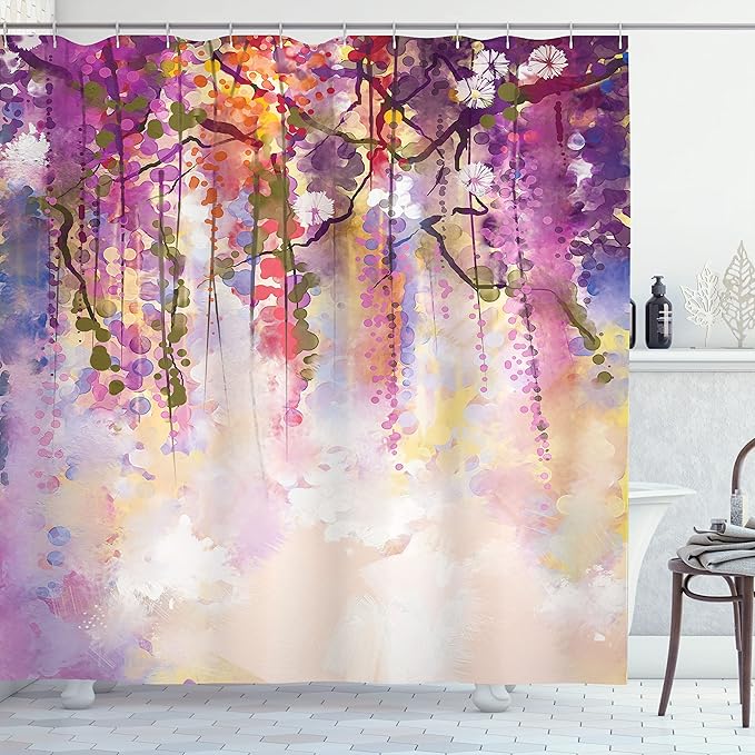 Ambesonne Watercolor Flower Decor Collection, Spring Flowers Wisteria Bokeh Background Painting, Polyester Fabric Bathroom Shower Curtain Set with Hooks, 69" W x 75" L, Peach Purple