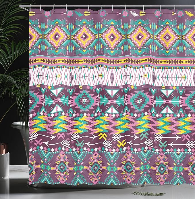 Ambesonne Tribal Shower Curtain, Traditional Pattern Geometrics and Arrows Art, Cloth Fabric Bathroom Decor Set with Hooks, 69" W x 70" L, Teal Purple Yellow