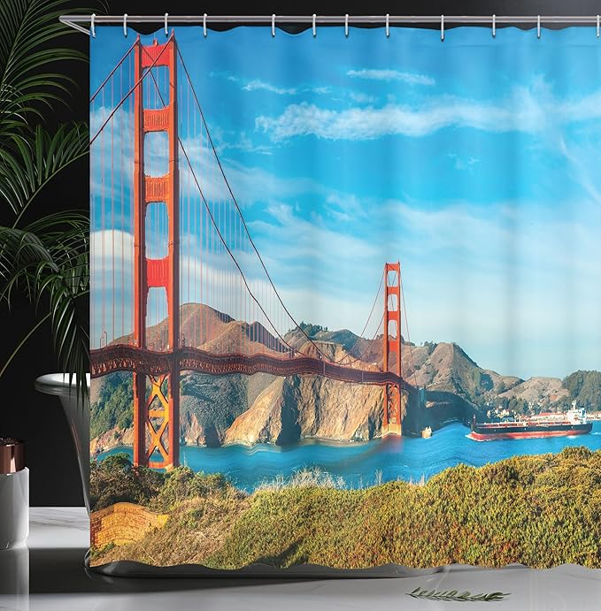 Ambesonne Landscape Shower Curtain, Golden Gate San Francisco Sunny Summer Day Ocean Stones Touristic, Cloth Fabric Bathroom Decor Set with Hooks, 69" W x 70" L, Blue Orange