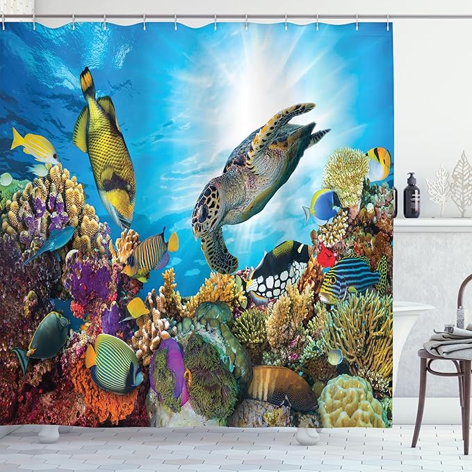 Ambesonne Ocean Shower Curtain, Colorful Fishes Hawksbill Floats Under Water Coral Reefs Aquatic Environment Theme, Cloth Fabric Bathroom Decor Set with Hooks, 69" W x 70" L, Sea Blue