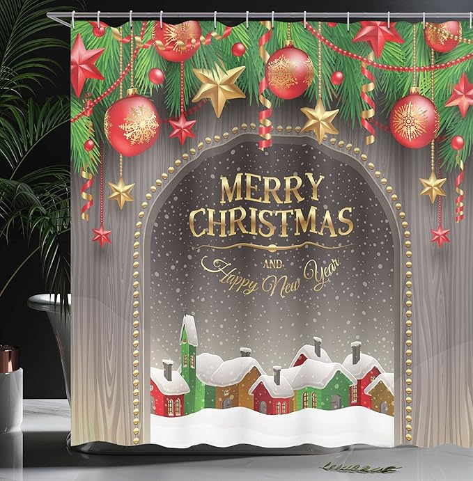 Ambesonne Christmas Shower Curtain, Classic Rustic Design Season Greetings Yellow Colored Letters Village Ornaments, Cloth Fabric Bathroom Decor Set with Hooks, 69" W x 70" L, Red Green