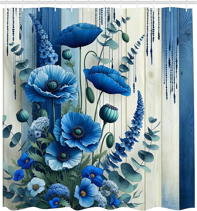 Ambesonne Blue Shower Curtain, Poppy Flowers Meadow Bouquet on Rustic Grunge Look Wooden Plank Back, Cloth Fabric Bathroom Decor Set with Hooks, 69" W x 70" L, Dark Turquoise and Off White