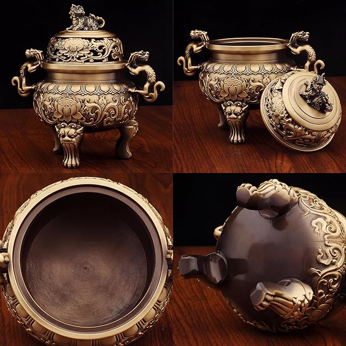 Solid Brass Incense Burner with Qilin Lid,22oz Chinese Feng Shui Handmade Censer,5.5 Inch Brass Incense Burner with 3 Incense Holders for Zen Meditation Altar Decor,Indoor Home Office Décor