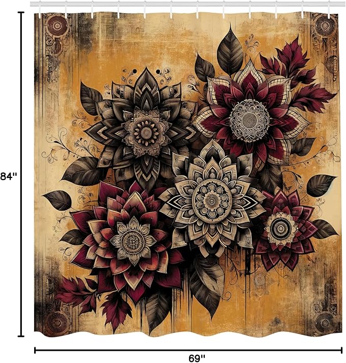 Ambesonne Boho Floral Shower Curtain, Vintage Exotic Flowers Arrange on Rusty Weathered Old Wood Plank, Cloth Fabric Bathroom Decor Set with Hooks, 69" W x 84" L, Burgundy Marigold Dimgray