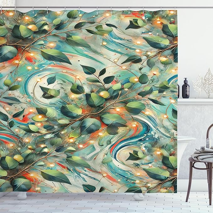 Ambesonne Christmas Shower Curtain, Winter Fantasy Themed Leafy Branches and Abstract Swirls of Xmas Joy Art, Cloth Fabric Bathroom Decor Set with Hooks, 69" W x 70" L, Sea Green Vermilion