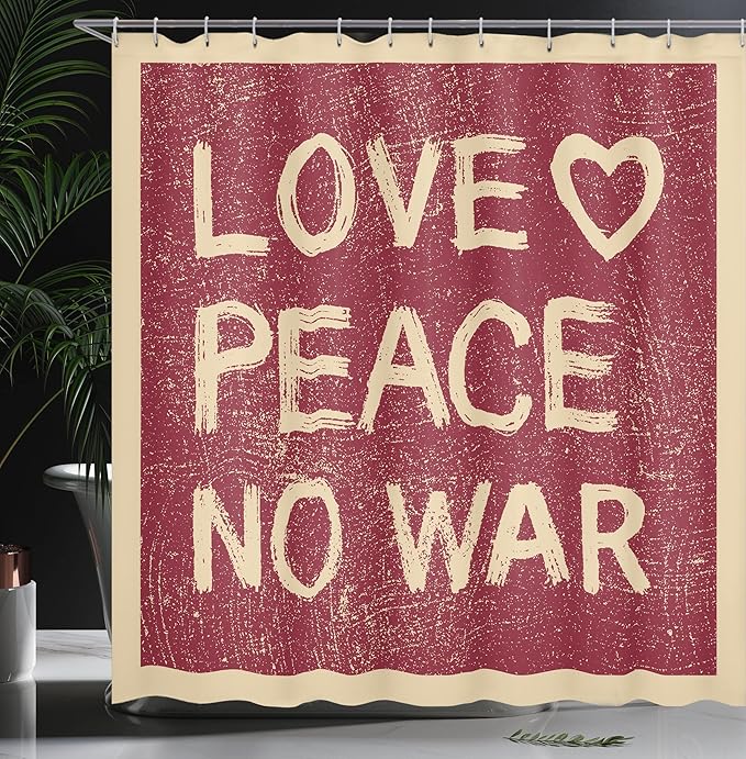 Ambesonne 1960s Shower Curtain, Love Peace Themed Text Pacifist Line Political Hippie Groovy Design, Cloth Fabric Bathroom Decor Set with Hooks, 69" W x 70" L, Redwood Pale Brown