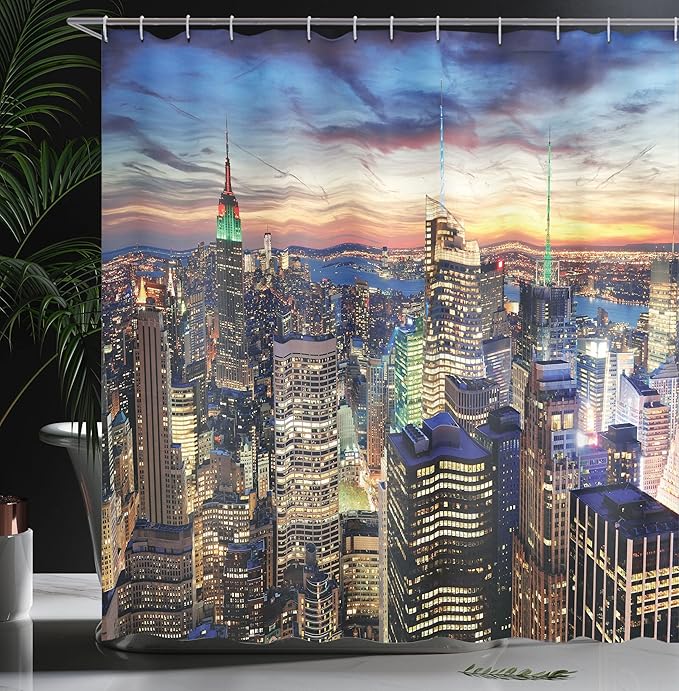 Ambesonne New York Shower Curtain, Skyline of NYC Urban Skyscrapers at Sunset Dawn Streets USA Architecture, Cloth Fabric Bathroom Decor Set with Hooks, 69" W x 75" L, Orange Blue