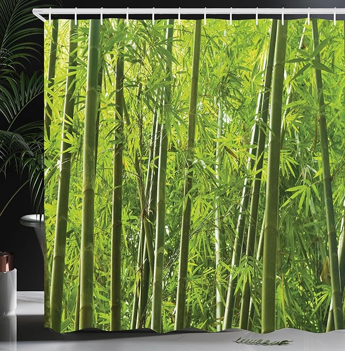 Ambesonne Bamboo Print Shower Curtain, Exotic Tropical Forest Fresh Color Nature Wild Trees and Leaves, Cloth Fabric Bathroom Decor Set with Hooks, 69" W x 70" L, Forest Green
