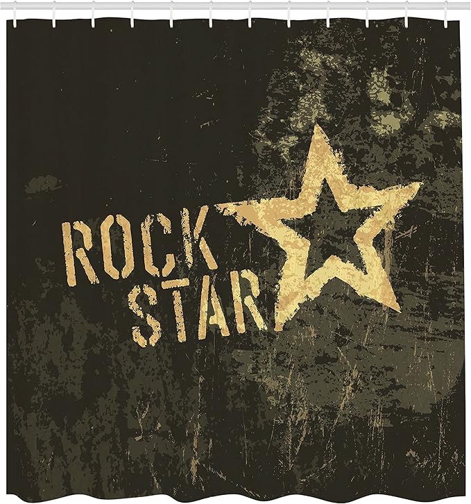 Ambesonne Star Print Shower Curtain, Rock Lettering Dark Grunge Backdrop Concert Music Themed Party Themed Art Print, Cloth Fabric Bathroom Decor Set with Hooks, 69" W x 70" L, Brown Mustard