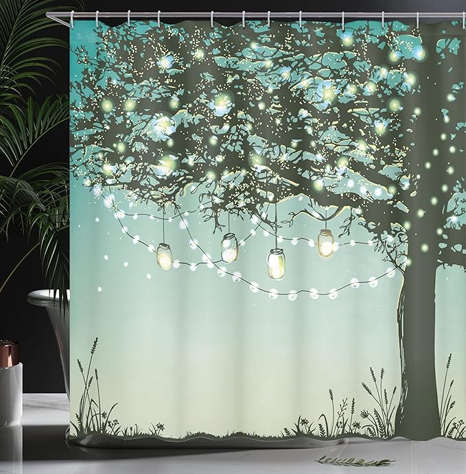 Ambesonne Magic Shower Curtain, Romantic Tree Branch Nature Garden Backyard Party Theme Illustration Print, Cloth Fabric Bathroom Decor Set with Hooks, 69" W x 70" L, Yellow and Green