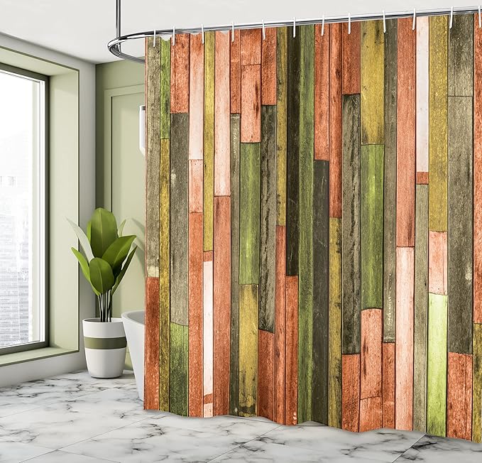 Ambesonne Wooden Print Shower Curtain, Brown Old Hardwood Floor Plank Grunge Lodge Garage Natural Rural Graphic, Cloth Fabric Bathroom Decor Set with Hooks, 69" W x 70" L, Burnt Orange