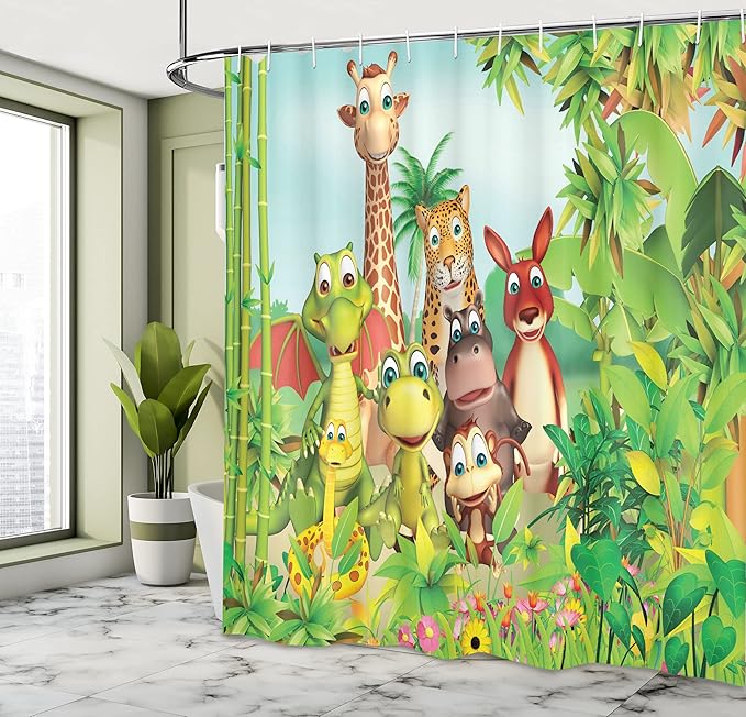 Ambesonne Cartoon Shower Curtain, Animals Giraffe Tiger Snake Dinosaur Hippo Monkey in Jungle Theme, Cloth Fabric Bathroom Decor Set with Hooks, 69" W x 75" L, Green