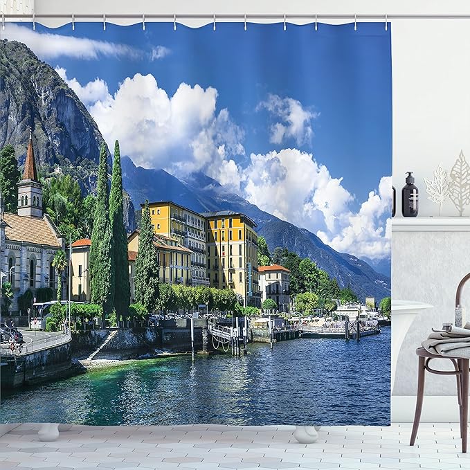 Ambesonne Italy Shower Curtain, Panoramic Landscape of Lake Como Mountains and Clouds Digital Image Print, Cloth Fabric Bathroom Decor Set with Hooks, 69" W x 75" L, Blue and Green