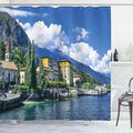 Ambesonne Italy Shower Curtain, Panoramic Landscape of Lake Como Mountains and Clouds Digital Image Print, Cloth Fabric Bathroom Decor Set with Hooks, 69" W x 75" L, Blue and Green
