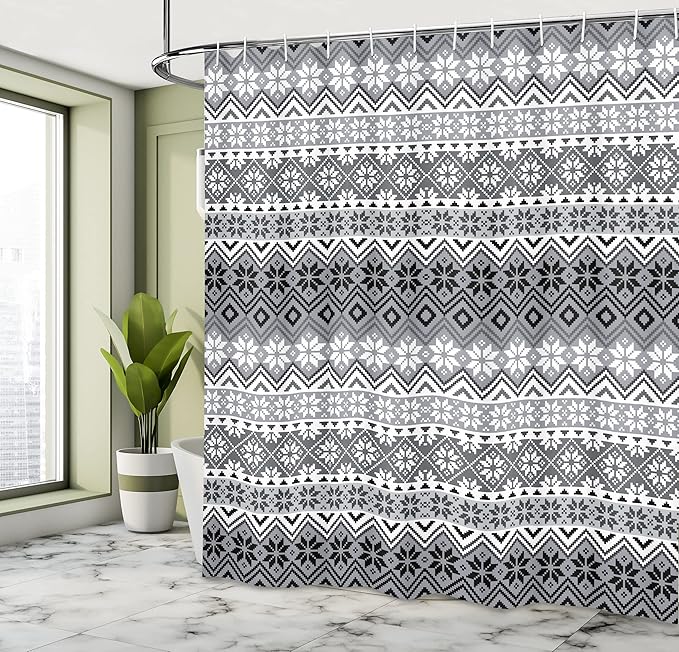 Ambesonne Grey Shower Curtain, Nordic Snowflake Knit Patterns Scandinavian Motifs Traditional and Modern Print, Cloth Fabric Bathroom Decor Set with Hooks, 69" W x 70" L, Gray White
