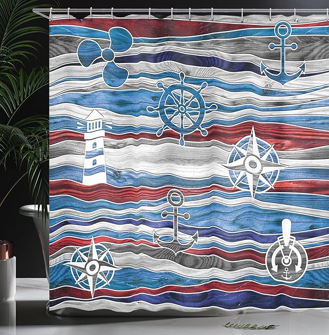 Ambesonne Anchor Shower Curtain, Shipping Boat Anchor Lighthouse Steering Wheel Compass on Waves Background, Cloth Fabric Bathroom Decor Set with Hooks, 69" W x 75" L, Grey Red