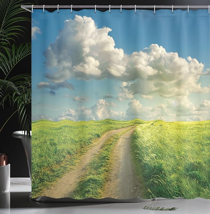 Ambesonne Summer Shower Curtain, Summer Landscape Sunshines Over Grassland Road and Cloudscape Picture, Cloth Fabric Bathroom Decor Set with Hooks, 69" W X 70" L, Lime Green