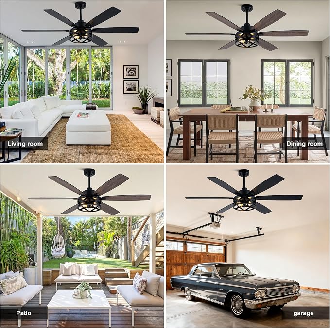 60“ Farmhouse Ceiling Fan with Lights Remote, Rustic Ceiling Fan | Black Metal Caged Fandelier Industrial Chandelier, Reversible Quiet DC Motor 6 Speed 6 Dual Blades for Living Room Bedroom