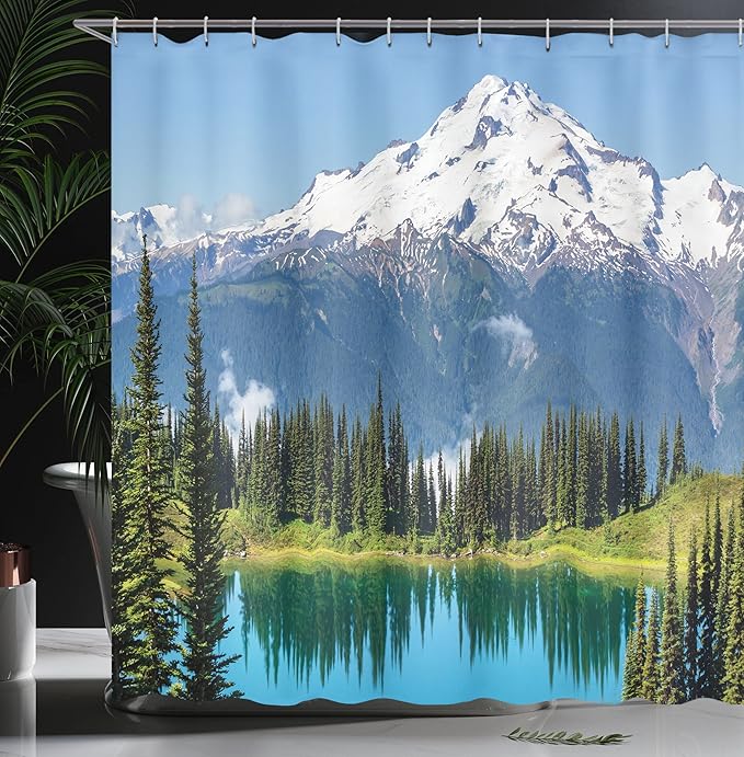 Ambesonne Landscape Shower Curtain, Lake and Snowy Glacier Peak in USA Tall Pine Tree Forest Illustration, Cloth Fabric Bathroom Decor Set with Hooks, 69" W x 70" L, White Green and Blue