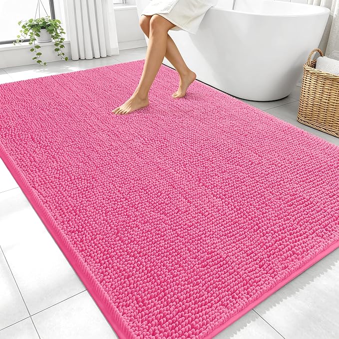 OLANLY Large Bathroom Rugs 70x46, Extra Soft Absorbent Chenille Bath Rugs, Rubber Backing Quick Dry, Machine Washable Bath Mats for Bathroom Floor, Tub and Shower, Home Decor Accessories, Hot Pink