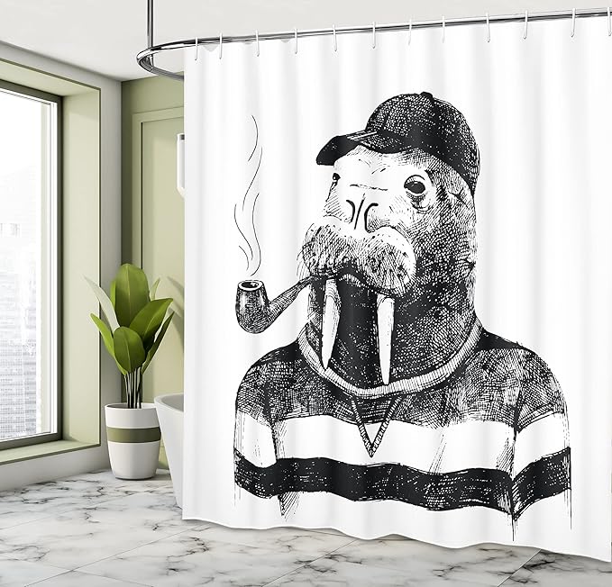 Ambesonne Indie Shower Curtain, Hand Drawn Dressed up Walrus Animal Long Teeth Smoking Antromorphic Sketch Art, Cloth Fabric Bathroom Decor Set with Hooks, 69" W x 70" L, White Black