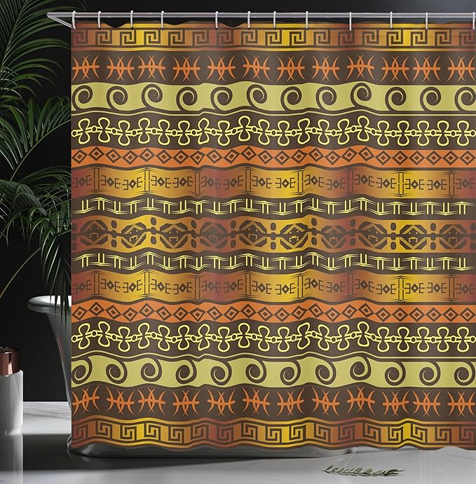Ambesonne Prehistoric Shower Curtain, Indigenous Geometric Motifs Ornament Traditional Tribal, Cloth Fabric Bathroom Decor Set with Hooks, 69" W x 84" L, Brown Yellow Pale Orange