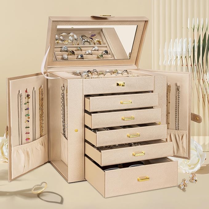 AKOZLIN 6-Tier Jewelry Box Organizer Functional 5 Drawers Leather Jewelry Storage Case for Women Girls Ring Necklace Earring Bracelet Holder Organizer with Mirror Extra Large Champagne