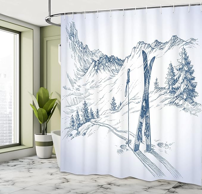 Ambesonne Winter Shower Curtain, Sketchy Graphic of a Downhill Ski Elements in Snow Relax Calm View, Cloth Fabric Bathroom Decor Set with Hooks, 69" W x 75" L, Pale Blue White