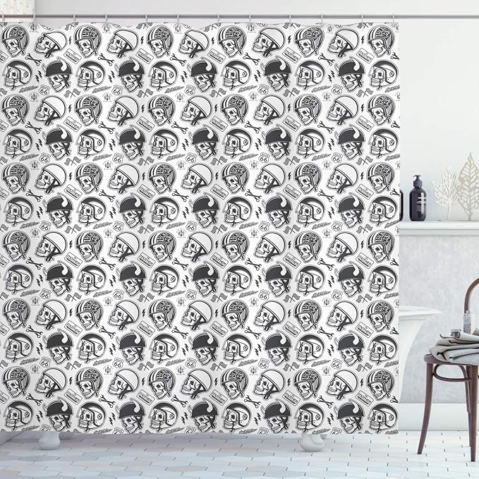 Ambesonne Manly Shower Curtain, Greyscale Pattern with Rider Skulls Bone Bikers Repair Shops Services Art, Cloth Fabric Bathroom Decor Set with Hooks, 69" W x 84" L, Charcoal Grey White
