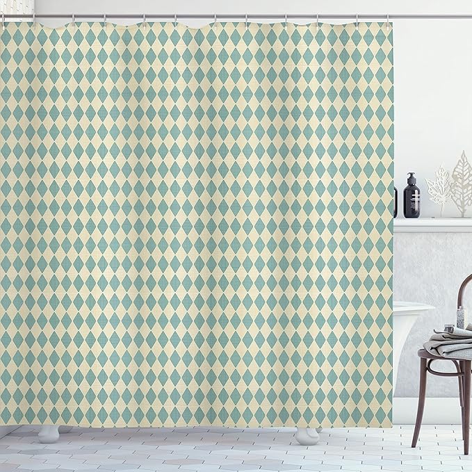 Ambesonne Geometric Shower Curtain, Rhombus Pattern with Retro Design Inspirations Vintage Argyle Arrangement, Cloth Fabric Bathroom Decor Set with Hooks, 69" W x 70" L, Beige Teal