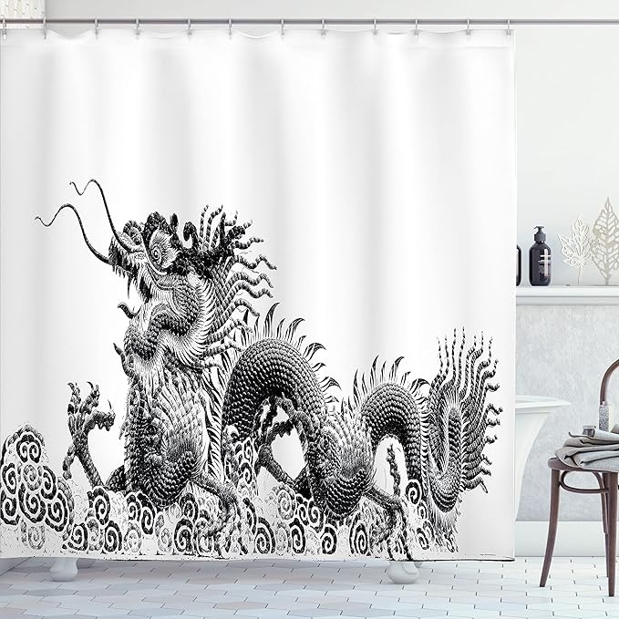 Ambesonne Dragon Shower Curtain, Traditional Chinese Dragon Symbolize Strength and Luck Powers Fantasy Graphic, Cloth Fabric Bathroom Decor Set with Hooks, 69" W x 75" L, White and Ink