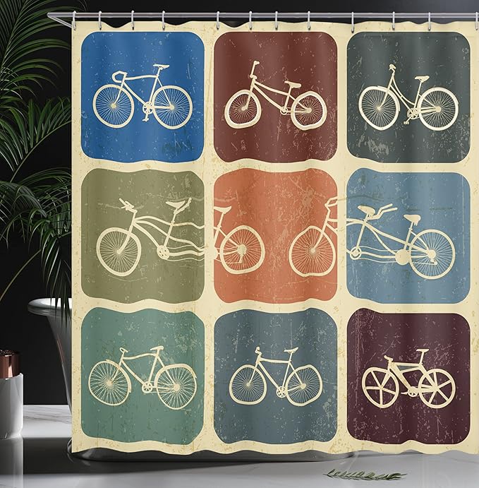Ambesonne Vintage Shower Curtain, Retro Image Collage of Bicycle Bikes in a Row with Abstract Pattern Colored Art, Cloth Fabric Bathroom Decor Set with Hooks, 69" W x 75" L, Soft Beige
