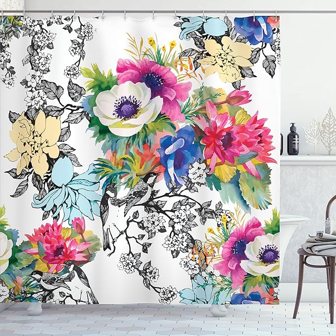 Ambesonne Flower Shower Curtain, Colorful Garden Print of Blossoming Wildflowers and Birds with Leaves Branches of Spring Season, Cloth Fabric Bathroom Decor Set with Hooks, 69" W x 84" L, Magenta