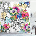 Ambesonne Flower Shower Curtain, Colorful Garden Print of Blossoming Wildflowers and Birds with Leaves Branches of Spring Season, Cloth Fabric Bathroom Decor Set with Hooks, 69" W x 84" L, Magenta